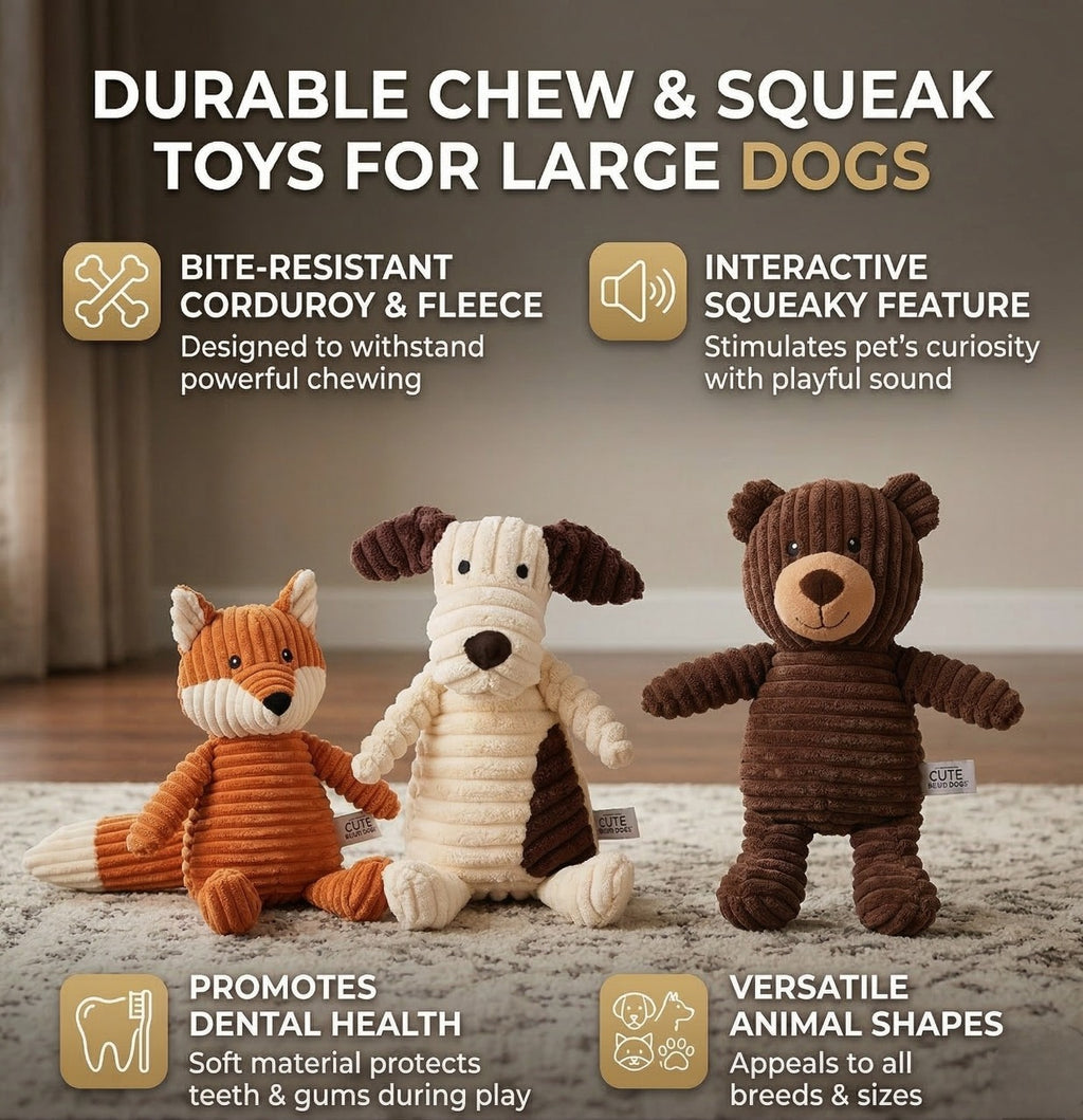 Three durable chew and squeak toys for large dogs on a carpeted floor.