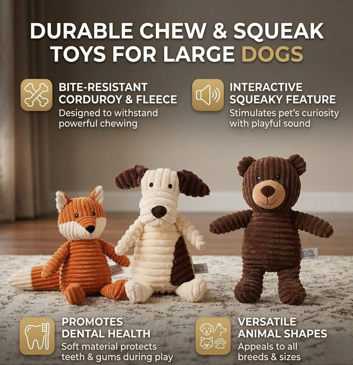 Three durable chew and squeak toys for large dogs on a carpeted floor.